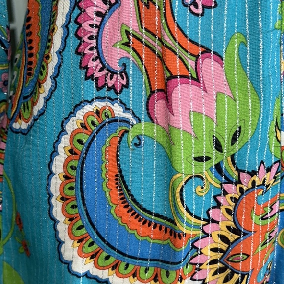 Trina Turk Floral & Metallic Silver Striped 3/4 Bell Sleeve Midi Dress - 4 - Picture 9 of 11